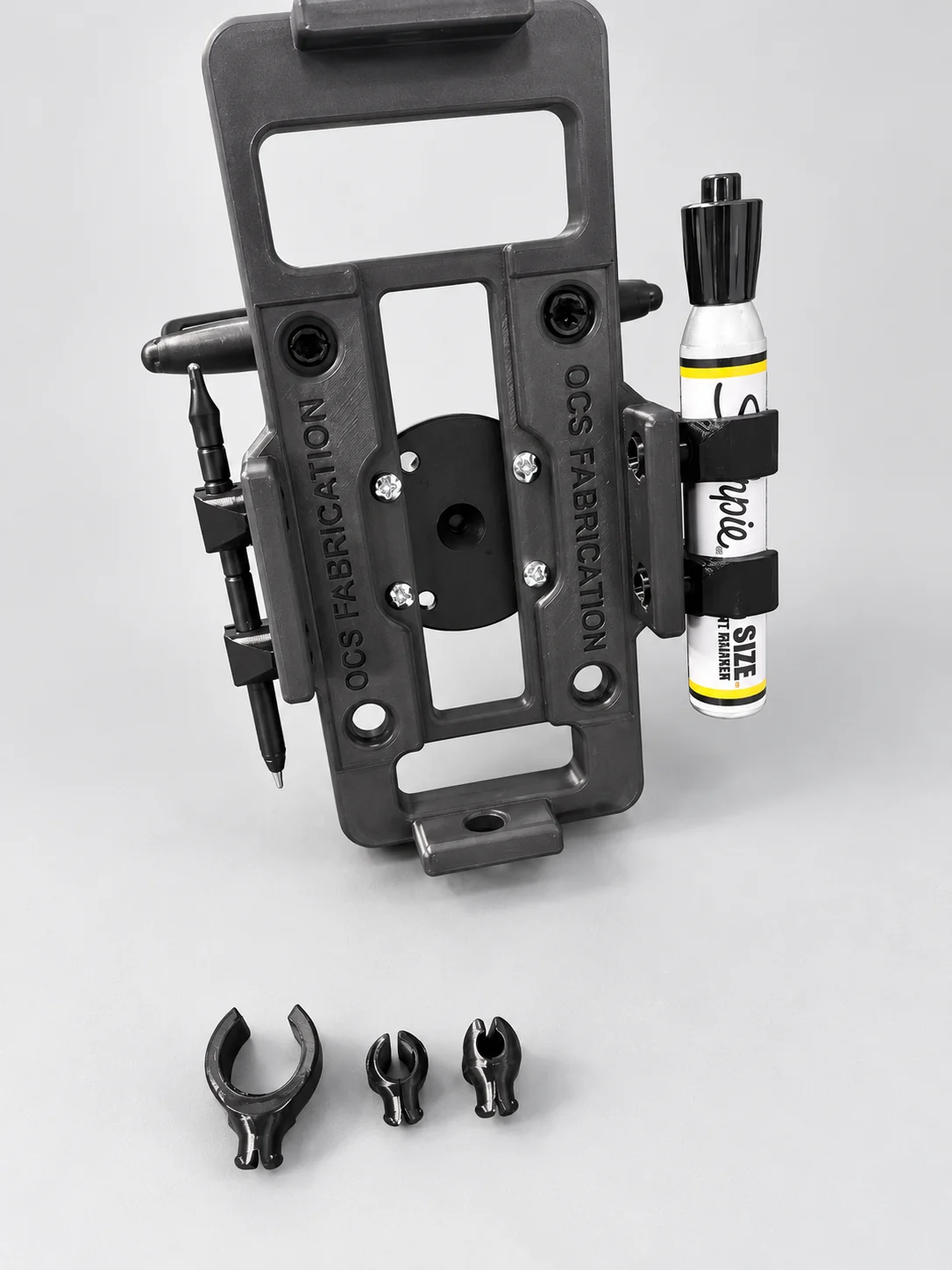 OCS Fabrication Trimble TDC600 holder with pen, marker, RAM adapter plate, and three configurable utensil-holder inserts