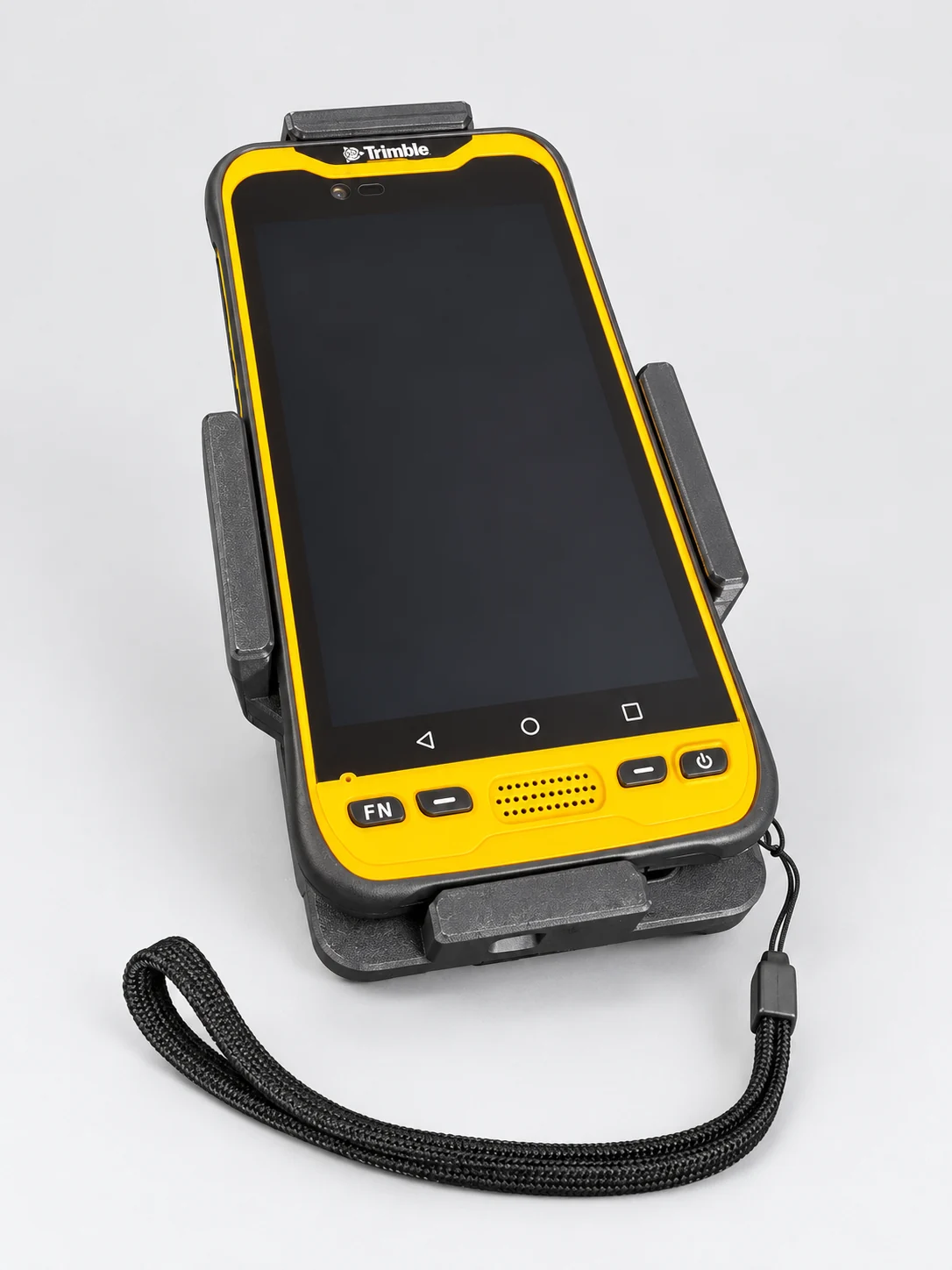 Trimble TDC600 data collector secured in the OCS Fabrication rugged holder with factory hand strap attached