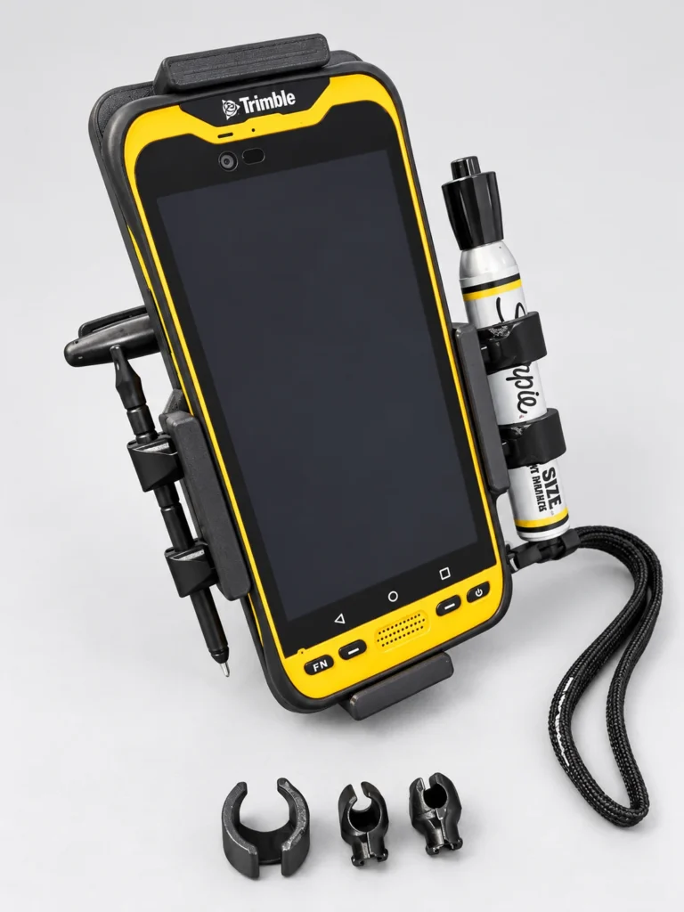 Trimble TDC600 data collector in an OCS Fabrication rugged holder with configurable pen and marker holders